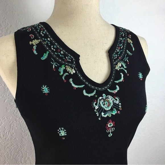 Joseph A. Vintage Black Sleeveless Blouse Embroidered Sequin Tribal Asian Y2K 90 - Picture 8 of 14